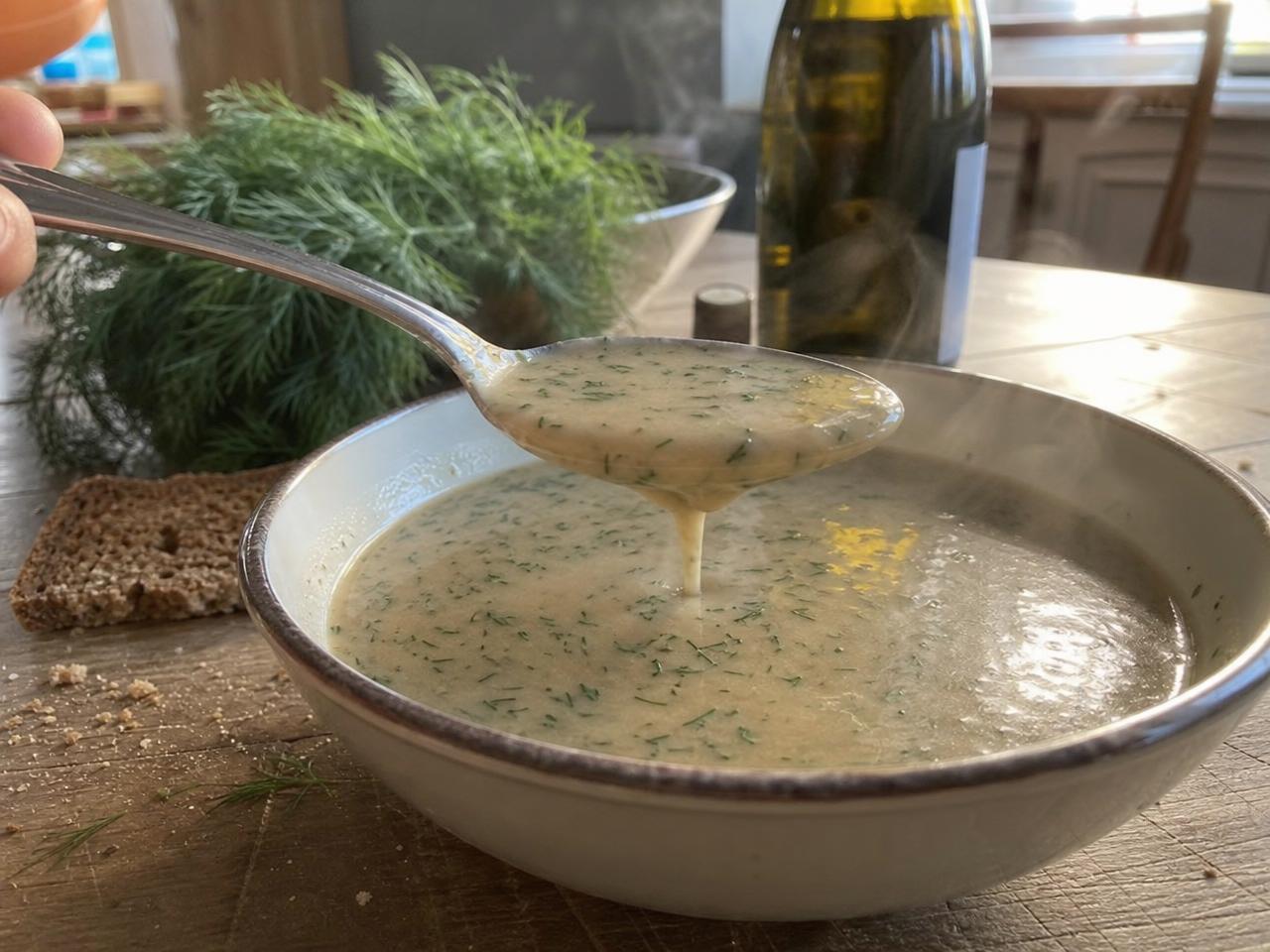 A bowl of mushroom bisque with a spoonful being lifted, accompanied by fresh dill and a bottle of Madeira.