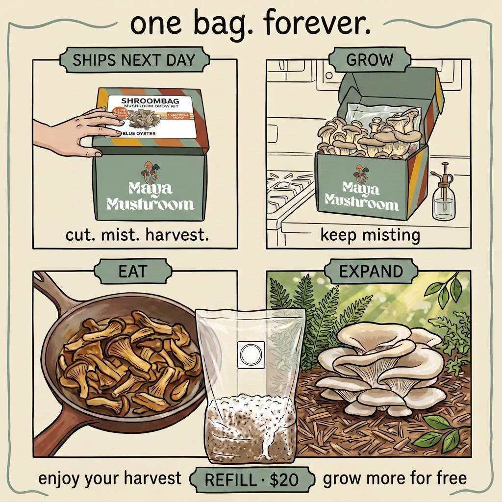 Illustrated square ShroomBag storyboard in six panels: the sealed sage Maya Mushroom box ships next day with the SHROOMBAG label folded over its front, the box opens on the counter so the bag can be misted and fruit oyster clusters, the harvest is seared in a skillet, the spent block is expanded into a clean wood-chip bed that flushes pale oysters, a $20 clear colonized refill bag stands upright, and a looping arrow starts the cycle over.