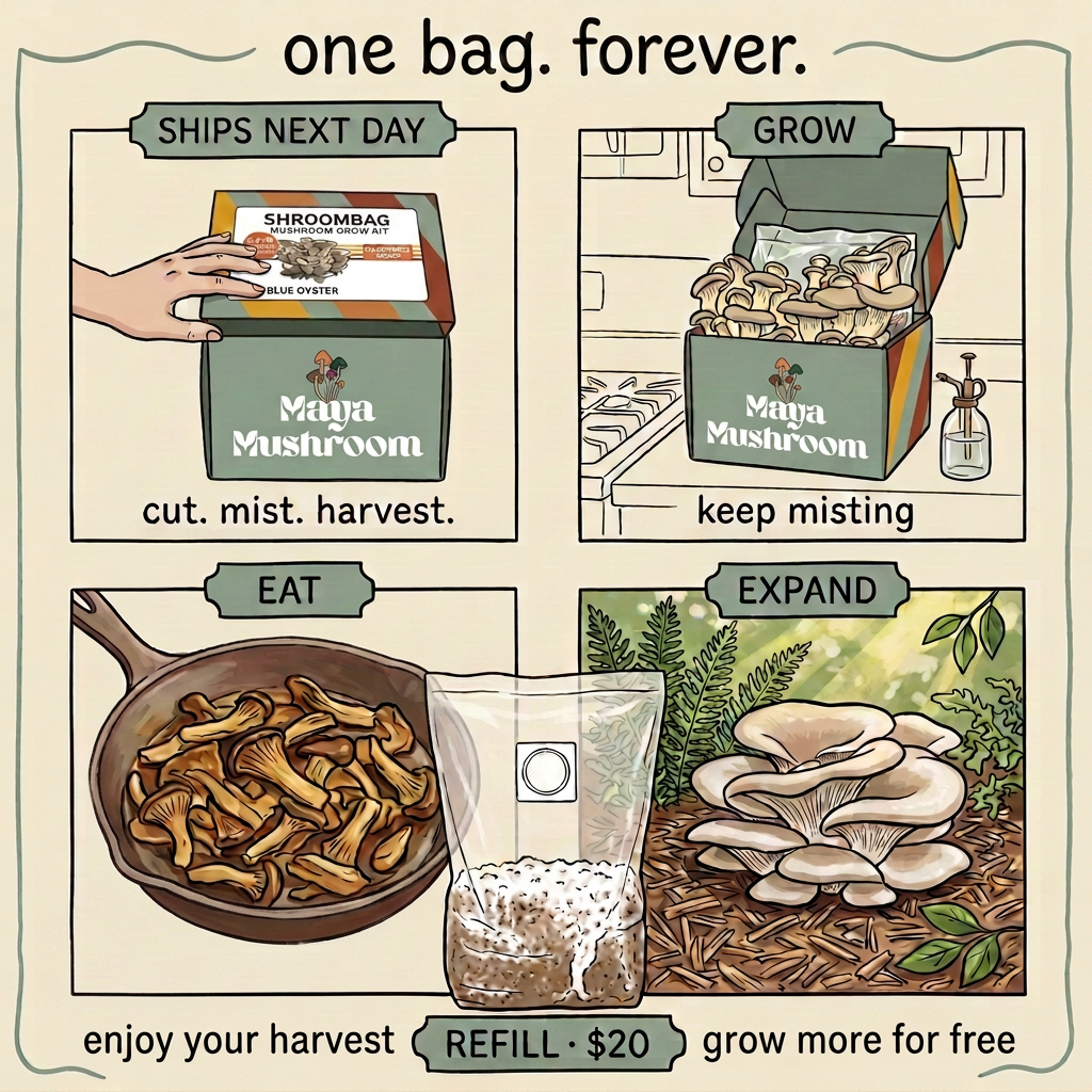 Illustrated square ShroomBag storyboard in six panels: the sealed sage Maya Mushroom box ships next day with the SHROOMBAG label folded over its front, the box opens on the counter so the bag can be misted and fruit oyster clusters, the harvest is seared in a skillet, the spent block is expanded into a clean wood-chip bed that flushes pale oysters, a $20 clear colonized refill bag stands upright, and a looping arrow starts the cycle over.
