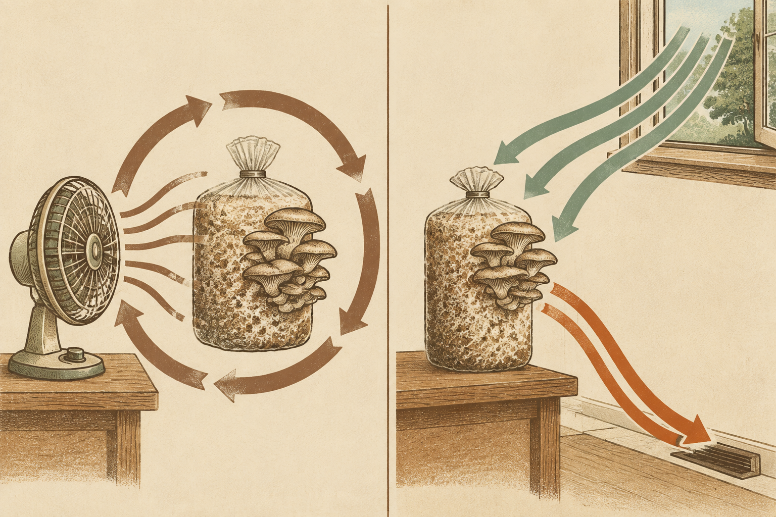 Side by side illustration: on the left a fan recirculating stale air in a loop around a mushroom bag, on the right fresh air flowing in from a window and stale air exiting near the floor