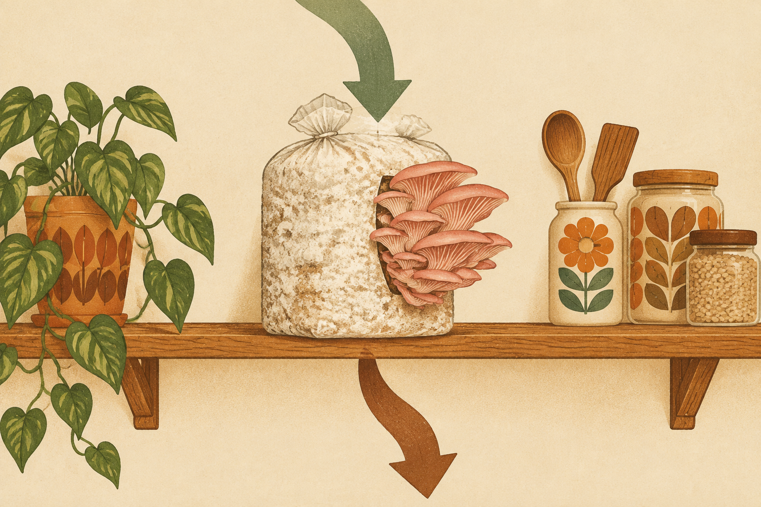 Illustration of fresh air flowing in above a fruiting ShroomBag and stale air flowing out below